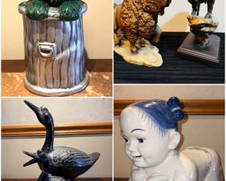 A vintage Sesame Street Oscar the Grouch  ceramic cookie jar, a pair of bronze goose sculptures, a collection of American Bison sculptures, and a vintage Chinese porcelain "baby pillow" or  "opium pillow" figurine. 