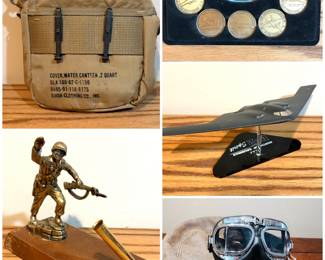 A U.S. Military 2-Quart Collapsible Canteen set, a vintage 1960s brass soldier figurine pen holder, a set of vintage challenge coins from the Air Force Association (AFA) Collector's Series, a Daron Worldwide Trading B-2 Spirit die-cast model airplane and a Halcyon Mark 9 (MK9) Superjet goggle set. 