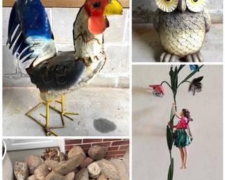 Landscaping rocks, out door decor and a wood carved owl table. 