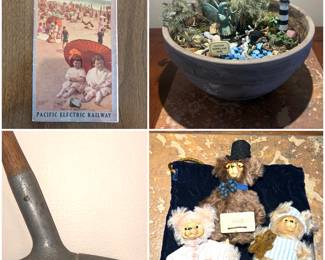 A vintage Pacific Electric Railway advertising brochure, a vintage Schenectady putter, a miniature fairy garden and a collection of Robert Raikes Bears. 