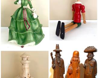 A vintage ceramic "Florence Ceramics" “Matilda" figurine, a vintage Italian Alabaster lighthouse lamp, and a handcrafted  Pinocchio, doll and a set of vintage hand-carved wooden figurines. 
