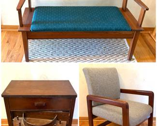 Wood furniture including a bench, chair and a vintage sewing machine cabinet.