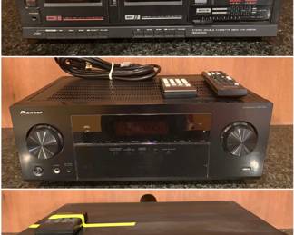 A vintage 1980s Akai HX-A301W stereo double cassette deck, a Pioneer 5.1 channel AV receiver, and a vintage Pioneer PD-M510 multi-play 6-disc CD changer player. 