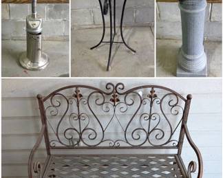 A stainless steel tabletop propane gas patio heater, Glass Bird Bath with Stand, traditional garden sundial, and a wrought iron or garden bench.