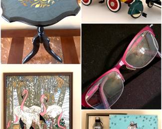 Vintage Italian inlaid table, a decorative print titled Flamingos by California artist Jessie Arms Botke, a Hallmark Kiddie Car Classics 1956 Garton Hot Rod Racer, a pair of Armani Exchange AX1010 eyeglasses and a MCM salt and shaker set. 