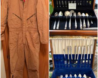 A vintage Walls Blizzard-Pruf or Zero Zone insulated coveralls workwear jumpsuit and a vintage set of Oneida Heirloom Plate flatware . Plus, a vintage Holmes & Edwards Danish Princess silverplate flatware set.