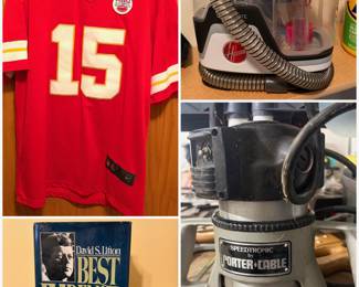 Patrick Mahomes Kansas City Chiefs Jersey, John F. Kennedy book, a Hoover CleanSlate Portable Pet Spot Cleaner, and a vintage Porter-Cable Speedtronic production router.