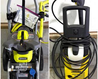 A Ryobi 2500 PSI High Performance Cold Water Electric Pressure Washer and a Kärcher pressure washer.