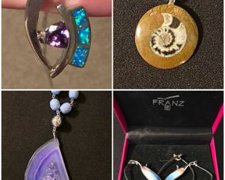 Collection of jewelry including a sterling silver pendant with a purple amethyst gemstone. 