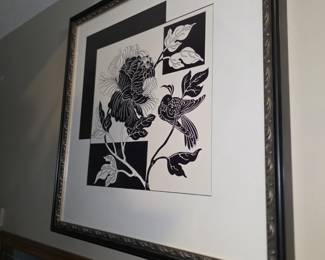 

This artwork is a framed print titled "Peonies & Bird" by artist Judy Shelby. 