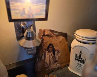 Collection of items: Most notably a vintage Native American woman painting on a natural sandstone slab