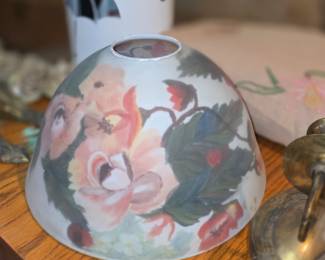 vintage-style reverse-painted frosted glass lamp shade featuring a floral design with rose flowers. 
