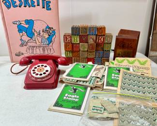 Vintage Toy Phone, Eagle Stamps, MCM Deskette folder, wooden blocks