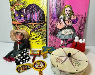 Vtg Alice Puzzles Puppet Tin etc