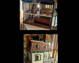 Beautiful Vintage Wood Dollhouse with furniture, dolls and accessories. Does have some flaws that come with age.