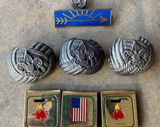 Vintage BSA/Boy Scout Belt Achievement Clips, Arrow of Light Pin and Scarf Clips