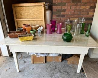 Primitive Wood Table, Glass Vases lots of colors, Vintage Pottery Planters