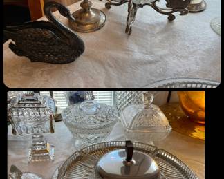 Godinger Swan Candlebra, Silverplate Swan, Krometex Lazy Susan and other Glassware