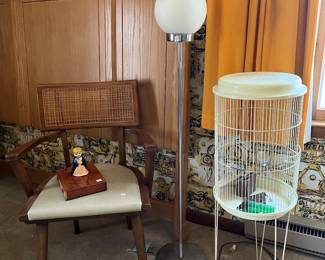 Mid Century Chair, Floor lamp and Bird Cage(hairpin legs)