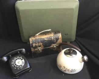 vintage phone, lunchbox and suitcase. 