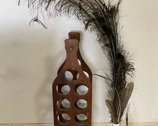 ETS013 - Vintage Decorative Set-Wooden Wine Rack, Porcupine Quills, & Peacock Feathers