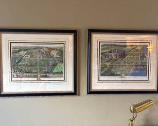 $490   Pair of hand colored engravings of English Country estates. Each measures 30 inches wide by 26 inches high. 