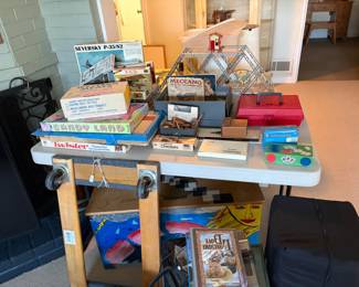 Collection of vintage and modern games and toys for sale during in person shopping hours Friday and Saturday.
