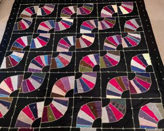 Antique Crazy quilt with fan pattern and feather stitch .- has a rod pocket to hang.  70" x 79" Excellent condition