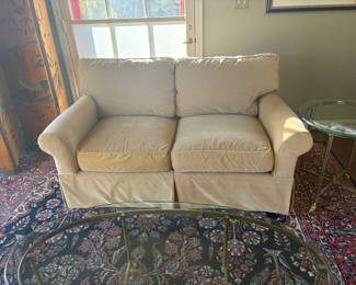 $220  Crate & Barrel Cotton velvet covered loveseat. Back cushions are down. 60 inches wide by 36 inches deep by 30 inches high.  As found - some spot cleaning needed.