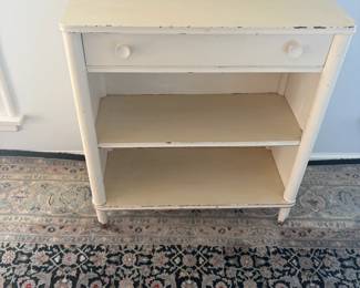 $68. Vintage bookcase with one drawer. 30 inches wide by 14 inches deep by 30 inches high.