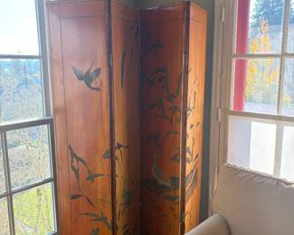 $400. Four panel screen, equally intricate design on the back - photo to follow. Each panel. is 72 inches tall by 16 inches wide.