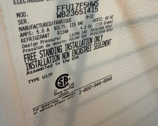 Frigidaire Freezer Model number FFU17F5HWS. Manufacture date 9/2012