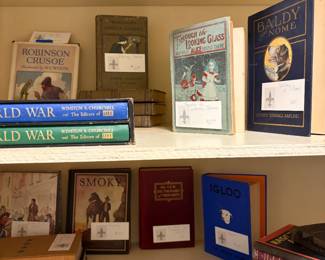 Some of the antique and vintage books in the sale.  For sale  during in person shopping Friday and Saturday unless featured in a photo with a price listed.