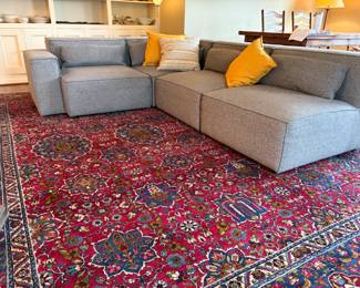 $1200. Focus One Homes Sectional. Performance fabric name is Twisp; color is Earl Grey.  Sofa is 78"w on the left side in this photo and 104" wide on the right side in this photo.  Sofa  is 26"d x 27"h.  Seat height is 14".    Separates for easy moving into four pieces.  