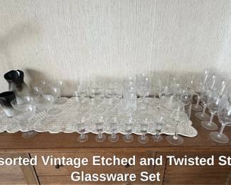 Assorted Vintage Etched and Twisted Stem Glassware Set