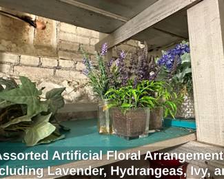 Assorted Artificial Floral Arrangements including Lavender, Hydrangeas, Ivy, and Swag