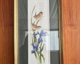 Set of Framed Botanical Lithographs Bluebirds with Poppies and Wrens with Irises second image