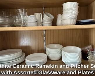 White Ceramic Ramekin and Pitcher Set with Assorted Glassware and Plates