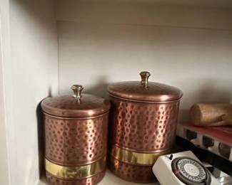 Set of Hammered Copper Canisters with Brass Bands