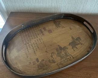 Antique Chinese Wooden Serving Tray with Figures and Calligraphy