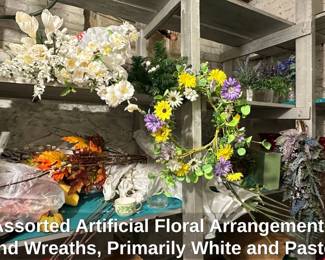 Assorted Artificial Floral Arrangements and Wreaths, Primarily White and Pastel Tones