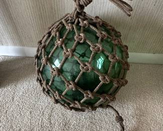 Large Vintage Green Glass Japanese Fishing Float with Rope Netting