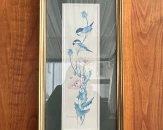 Set of Framed Botanical Lithographs Bluebirds with Poppies and Wrens with Irises