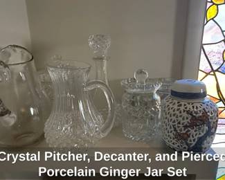 Crystal Pitcher, Decanter, and Pierced Porcelain Ginger Jar Set