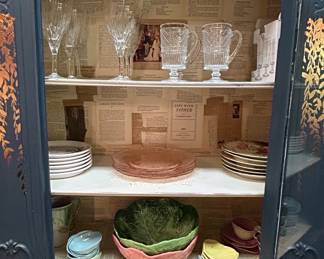 Vintage China Cabinet with Assorted Glassware and Dishes