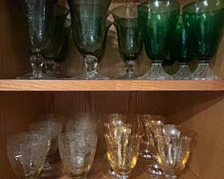Green and Etched Amber Glassware Set