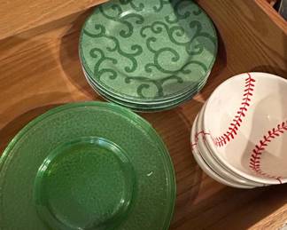 Set of Green Swirl Plates and Baseball Bowls