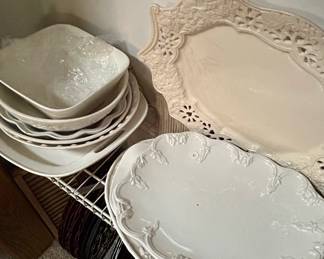 Set of Vintage White Ceramic Serving Platters with Ornate Edges