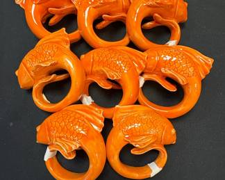 Pottery Barn Orange Ceramic Koi Fish Napkin Rings Set of 