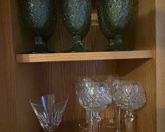 Moss Green Hobnail Glass Goblets and Cut Crystal Wine Glasses